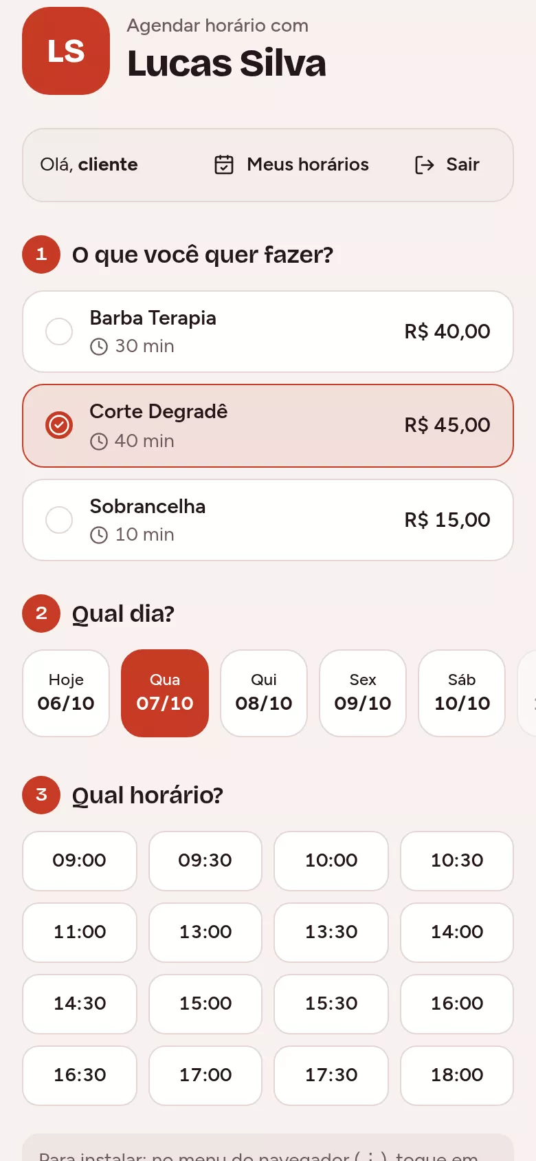 Tela de agendamento online do Chairly