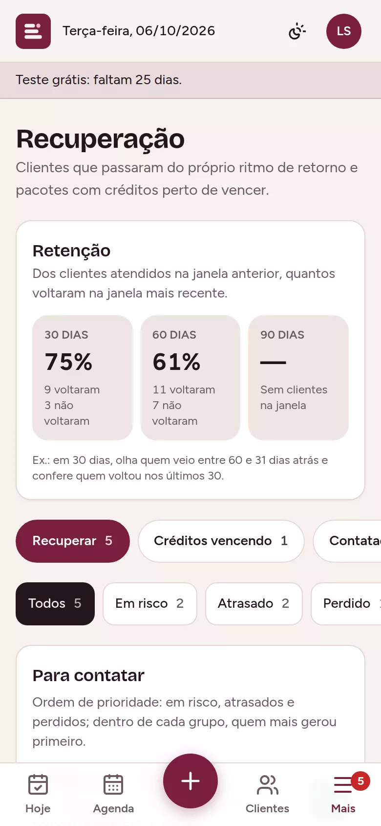 Tela de recuperação de clientes do Chairly